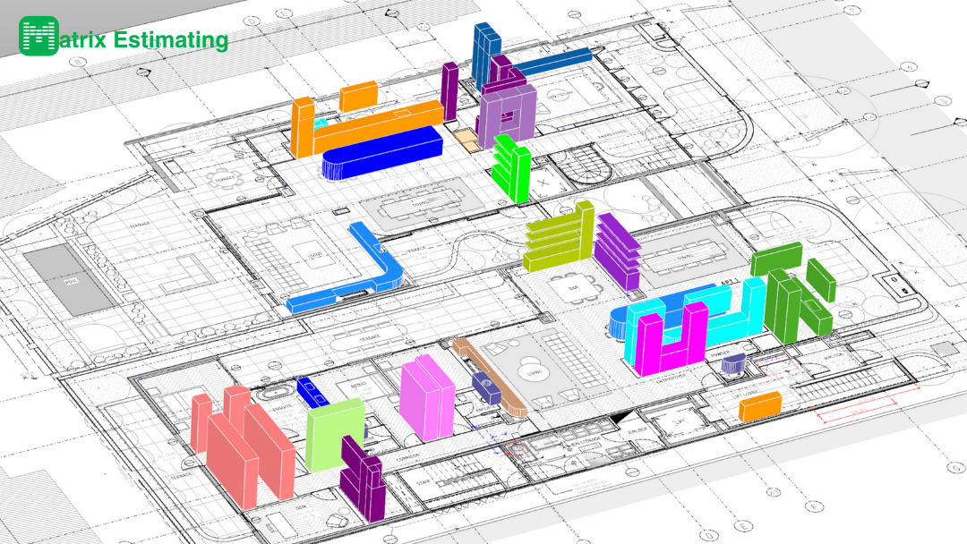 3D construction planning image with colored blocks representing different structures on architectural blueprints