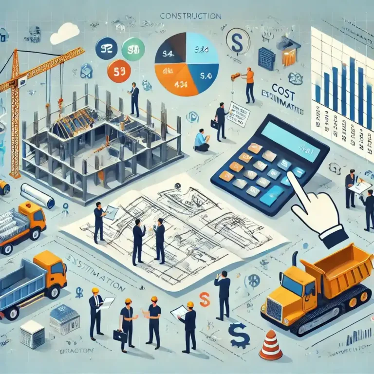 Construction site with workers, financial charts, and building stages.