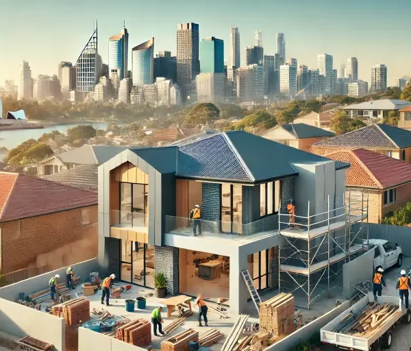 A modern home under construction in a Sydney suburb with the city skyline visible in the background