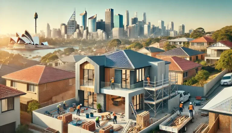 A modern home under construction in a Sydney suburb with the city skyline visible in the background