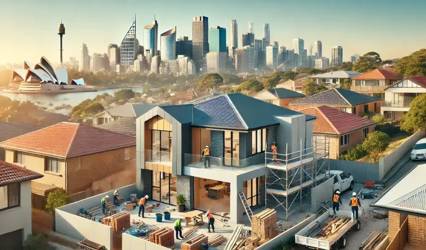 A modern home under construction in a Sydney suburb with the city skyline visible in the background