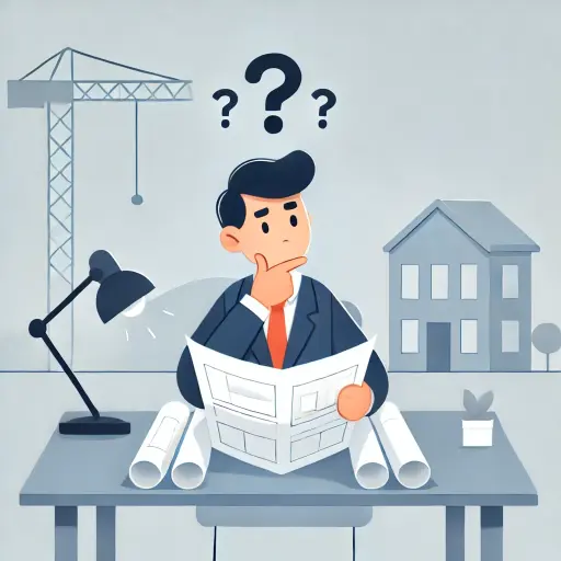 Illustration of a quantity surveyor reviewing construction plans with a question mark above their head, indicating decision-making and cost analysis.